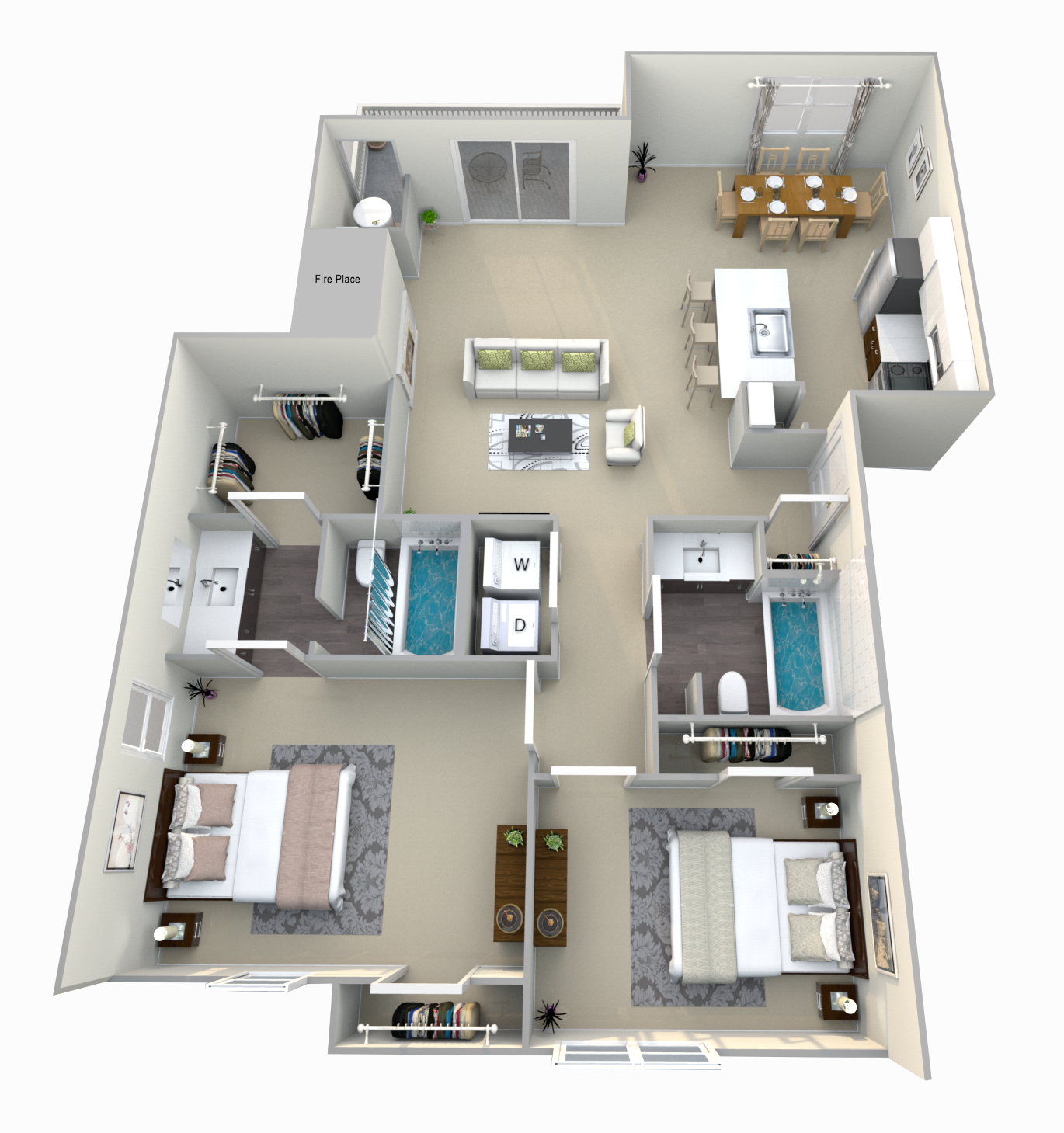 Floor plan for 2 beds, 2 baths, 1025 sqft